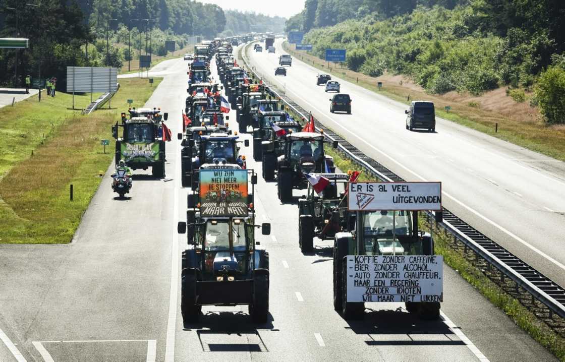 Tractors drive down the A1 highway on their way to the rural farmers' protest in Stroe Tractors drive down the A1 highway on their way to the rural farmers' protest in Stroe