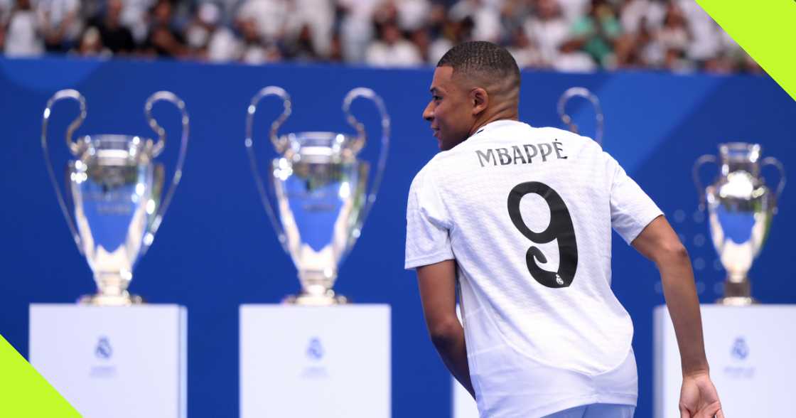 Kylian Mbappe during his Real Madrid unveiling. Kylian Mbappe during his Real Madrid unveiling.