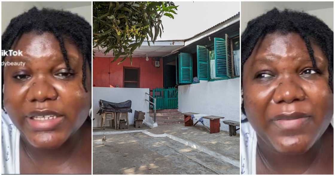 A photo of a lady and a compound house