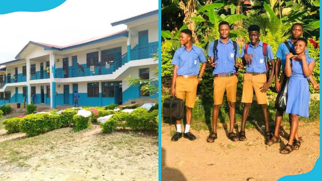 New Edubiase Secondary School building block and students New Edubiase Secondary School building block and students