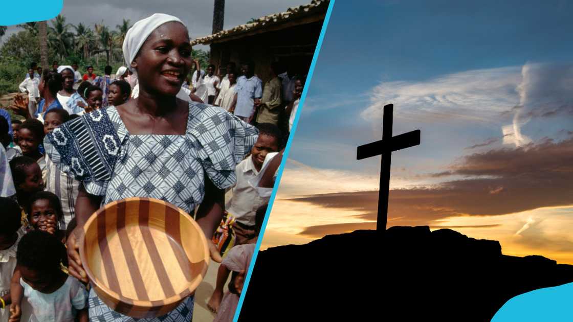 A woman holds a bowl and the faithful sing in front of a church near Busua, Ghana (L). A wooden cross on a hilltop at sunset (R). A woman holds a bowl and the faithful sing in front of a church near Busua, Ghana (L). A wooden cross on a hilltop at sunset (R).