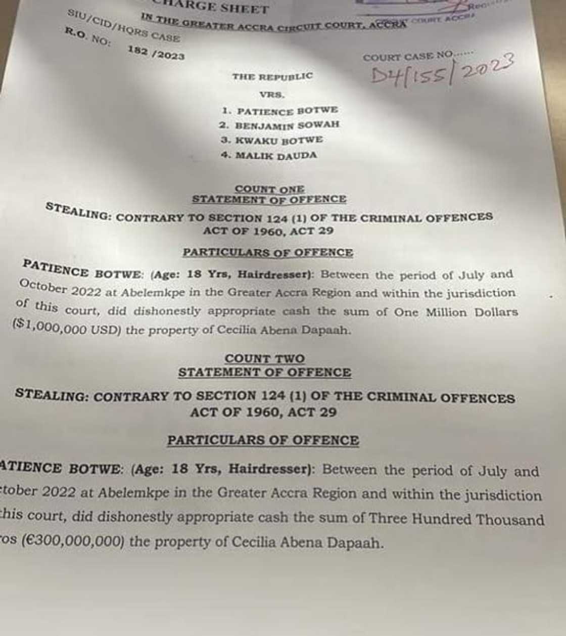 Cecilia Dapaah's charge sheet shows she lost a huge amount of money to her house help. Cecilia Dapaah's charge sheet shows she lost a huge amount of money to her house help.
