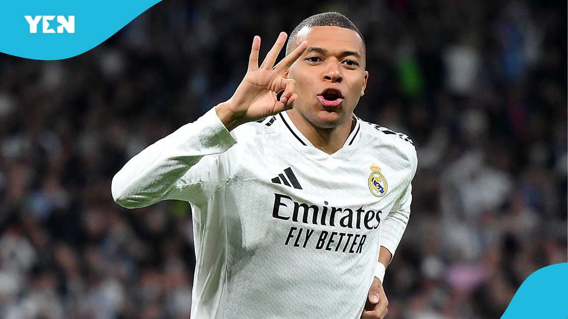 Kylian Mbappe of Real Madrid celebrates scoring a hat trick during the UEFA Champions League 2024/25 League Knockout Play-off second leg match between Real Madrid and Manchester City on February 19, 2025 in Madrid, Spain Kylian Mbappe of Real Madrid celebrates scoring a hat trick during the UEFA Champions League 2024/25 League Knockout Play-off second leg match between Real Madrid and Manchester City on February 19, 2025 in Madrid, Spain