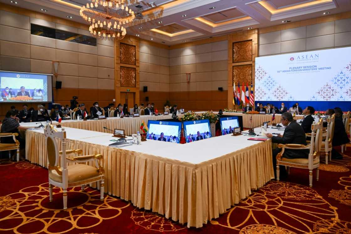 An empty chair representing Myanmar is seen during an ASEAN meeting in Phnom Penh on Wednesday