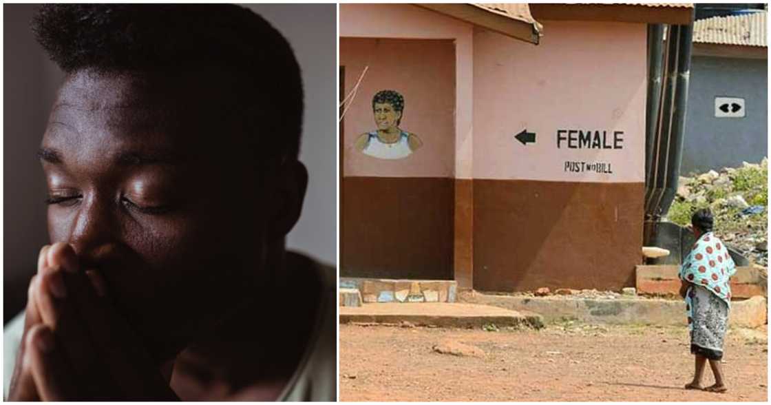 Photo of a man and a toilet facility Photo of a man and a toilet facility