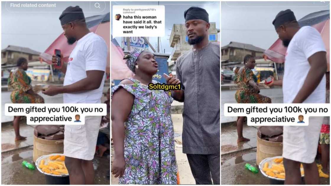 N100k giveaway on the street/Man gives woman money.