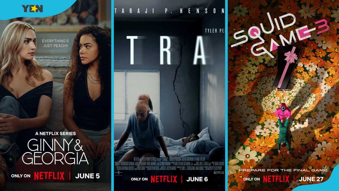 Ginny & Georgia Season 3 (L), the film STRAW (C), Squid Game 3 (R) promotional posters Ginny & Georgia Season 3 (L), the film STRAW (C), Squid Game 3 (R) promotional posters