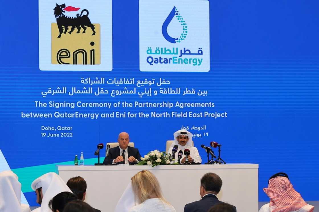 Qatar's Energy Minister and president and CEO of QatarEnergy Saad Sherida al-Kaabi (R) and Claudio Descalzi, CEO of Italian multinational oil and gas company ENI, attend the signing ceremony for their joint venture Qatar's Energy Minister and president and CEO of QatarEnergy Saad Sherida al-Kaabi (R) and Claudio Descalzi, CEO of Italian multinational oil and gas company ENI, attend the signing ceremony for their joint venture