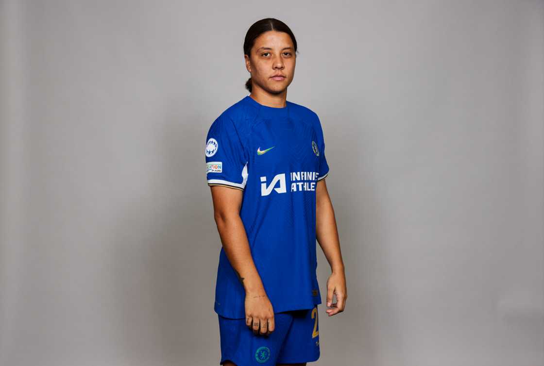 Sam Kerr poses for a portrait during the UEFA Women's Champions League Official Portraits shoot Sam Kerr poses for a portrait during the UEFA Women's Champions League Official Portraits shoot