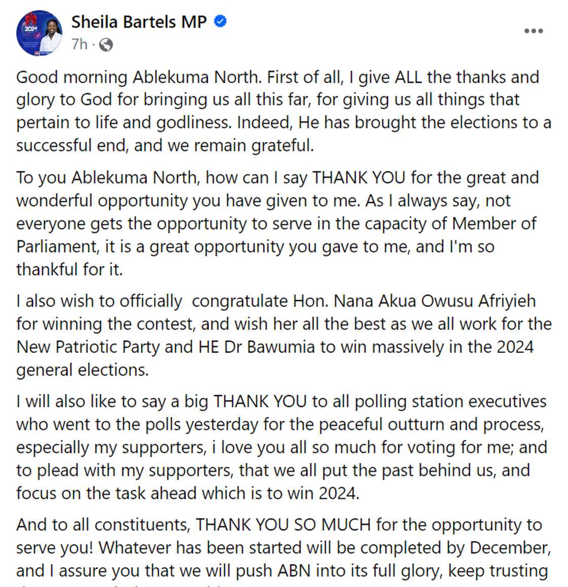 Screenshot of Sheila Bartels' message after defeat in NPP primaries.