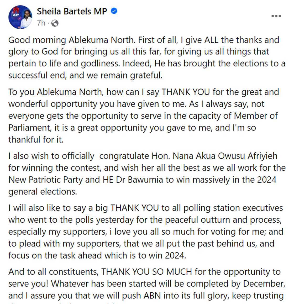 Screenshot of Sheila Bartels' message after defeat in NPP primaries. Screenshot of Sheila Bartels' message after defeat in NPP primaries.