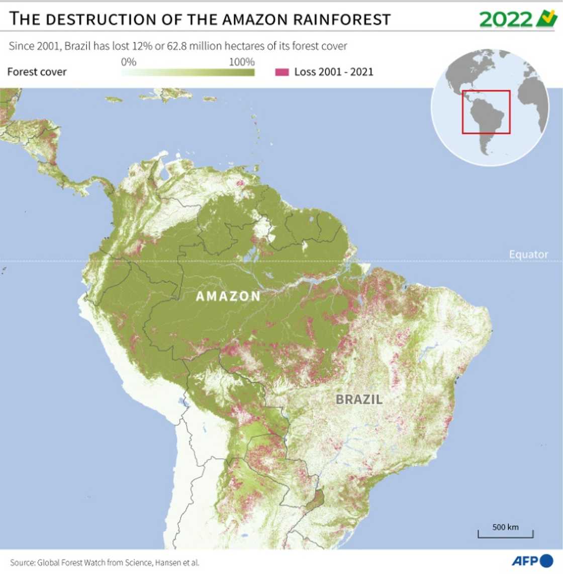 Map showing the current area of forest in the Amazon and the area lost since 2001