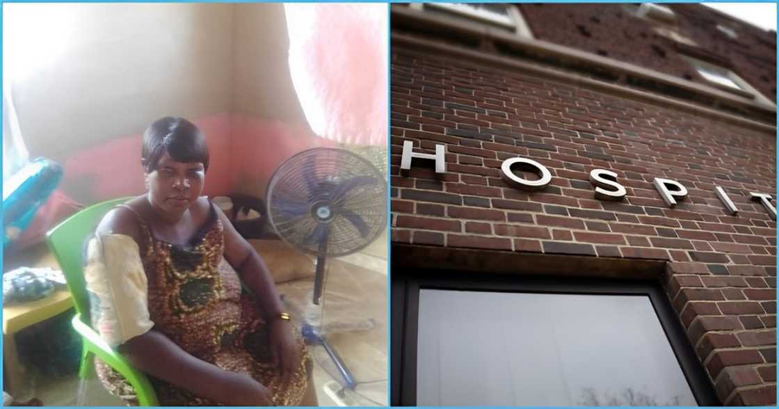 Photo of Ghanaian mother and hospital building Photo of Ghanaian mother and hospital building