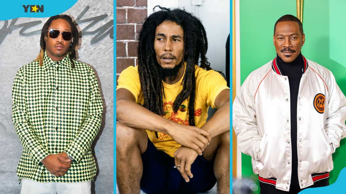 Future in a checked shirt and denim jeans, Bob Marley in a yellow tee and navy blue shorts, and Eddie Murphy in a white silk jacket Future in a checked shirt and denim jeans, Bob Marley in a yellow tee and navy blue shorts, and Eddie Murphy in a white silk jacket