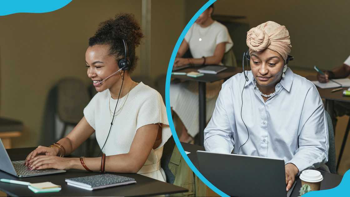 A woman in a white dress working at a call center and a woman in a blue shirt and scarf working at a call center. A woman in a white dress working at a call center and a woman in a blue shirt and scarf working at a call center.