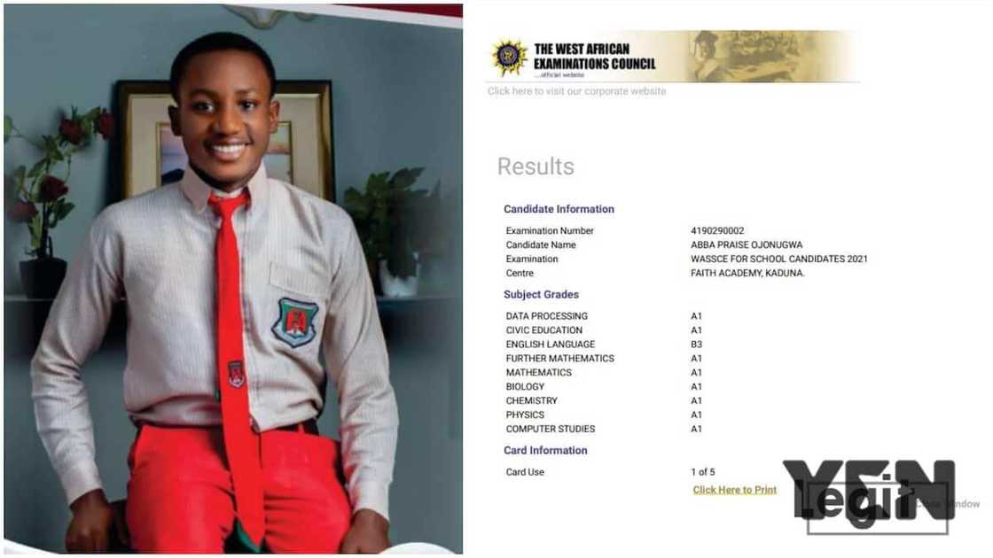 Praise scored A1 in eight WAEC subjects. Praise scored A1 in eight WAEC subjects.
