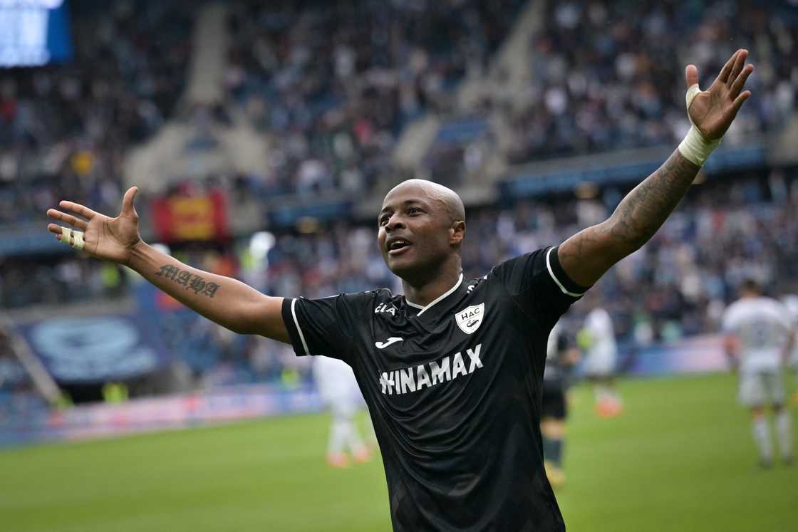 Andre Ayew celebrates scoring his team's third goal during the French L1 football match between Le Havre AC and RC Strasbourg Alsace at The Stade Oceane in Le Havre, north-western France, on May 4, 2024 Andre Ayew celebrates scoring his team's third goal during the French L1 football match between Le Havre AC and RC Strasbourg Alsace at The Stade Oceane in Le Havre, north-western France, on May 4, 2024