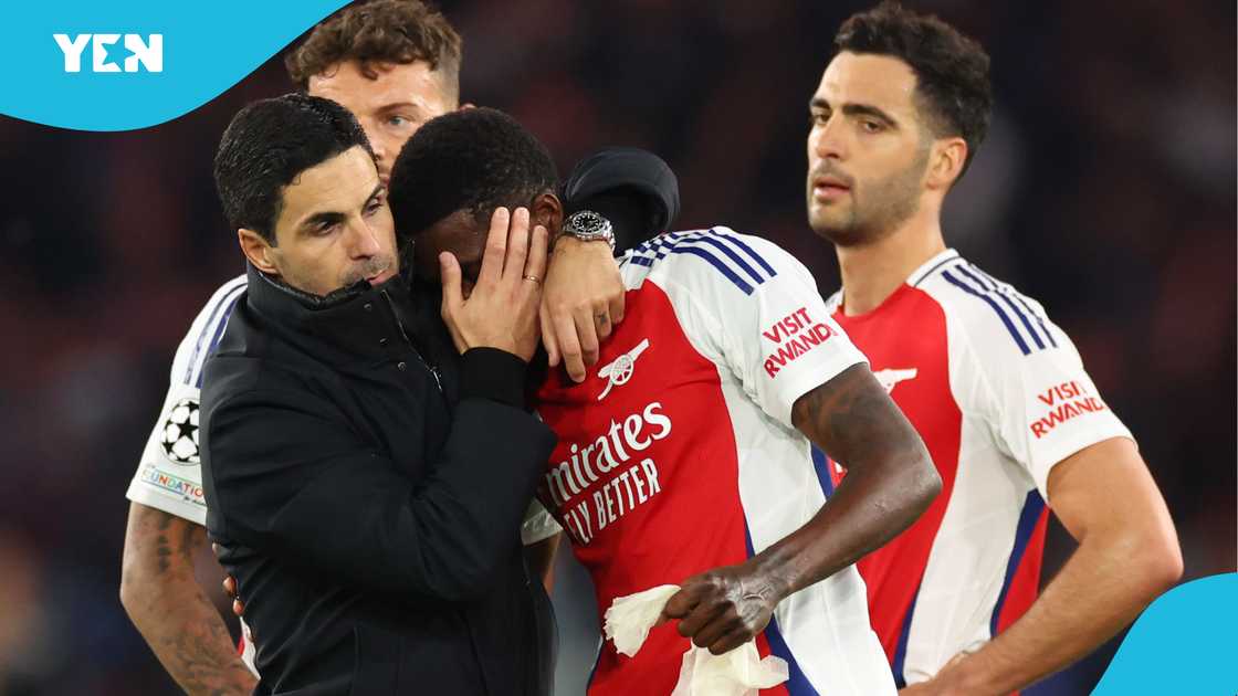 Mikel Arteta manager / head coach of Arsenal consoles Thomas Partey after the UEFA Champions League 2024/25 Semi Final Second Leg match between Paris Saint-Germain and Arsenal FC at Parc des Princes on May 7, 2025 Mikel Arteta manager / head coach of Arsenal consoles Thomas Partey after the UEFA Champions League 2024/25 Semi Final Second Leg match between Paris Saint-Germain and Arsenal FC at Parc des Princes on May 7, 2025