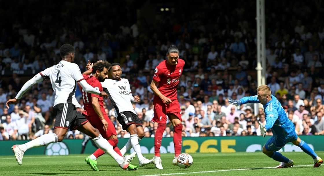 Mohamed Salah (2nd L) equalises for Liverpool in a Premier League draw at Fulham on August 6, 2022. Mohamed Salah (2nd L) equalises for Liverpool in a Premier League draw at Fulham on August 6, 2022.