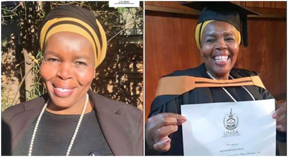 Photos of Mponegele Jane Tlole, a graduate of UNISA.