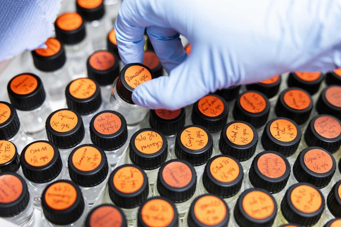 Vials containing dissolved raw materials used to develop perfume oil formulas in a mixing room at the Symrise company in Holzminden