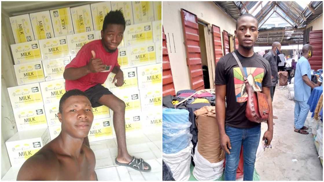 Young Nigerian man who helps people to carry loads in market finally opens cloth shop Young Nigerian man who helps people to carry loads in market finally opens cloth shop