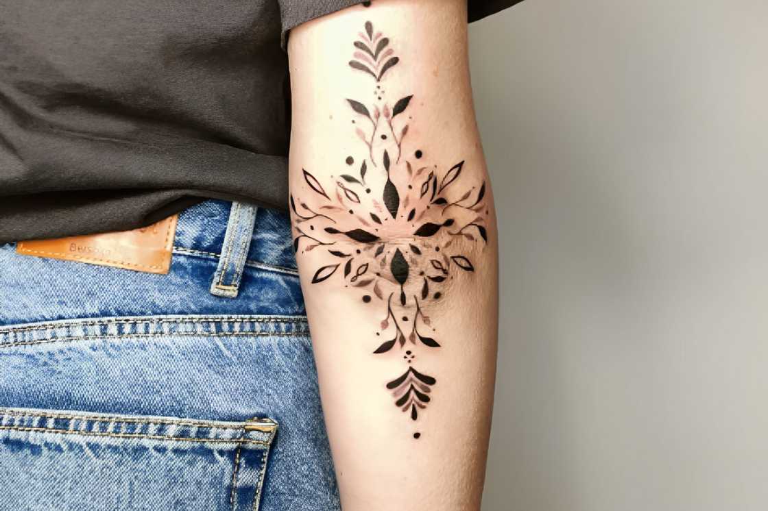 Striking symmetrical, intricate ornaments elbow tattoos Striking symmetrical, intricate ornaments elbow tattoos