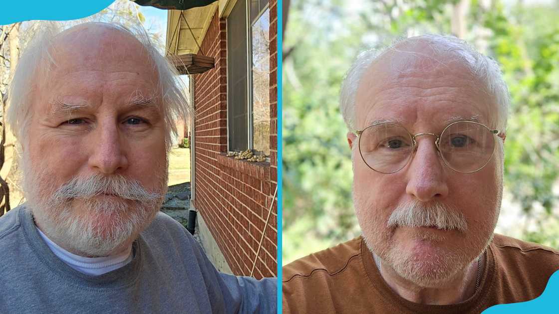 Mark Stoddard is taking a selfie on a sunny day (L). He is under a tree (R)