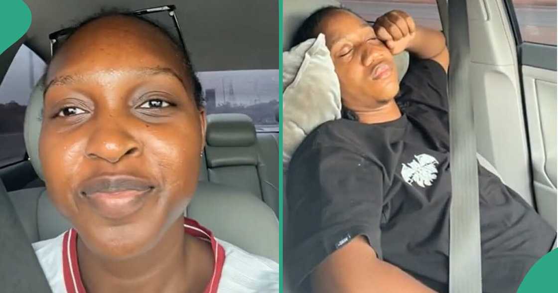 Lady happy as her man sleeps while she drives. Lady happy as her man sleeps while she drives.