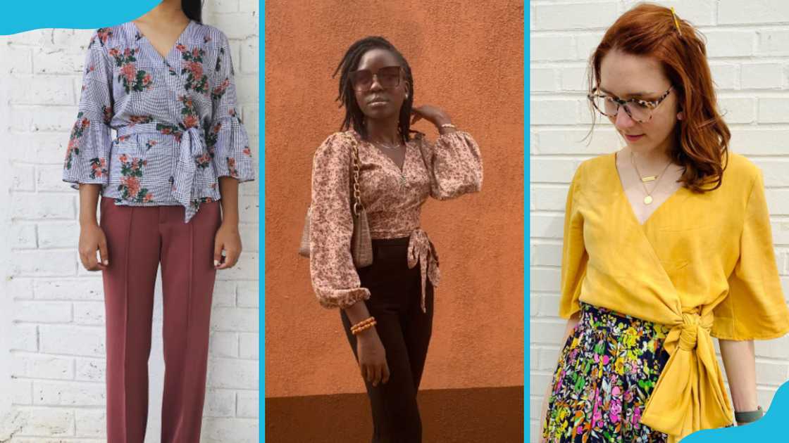 Women in floral and plain colour wrap tops Women in floral and plain colour wrap tops