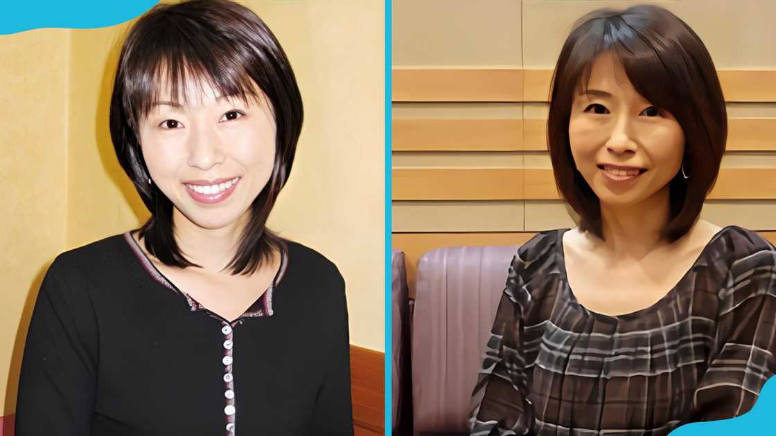 Michiko Neya is standing against a cream wall (L). She is posing for a photo (R)