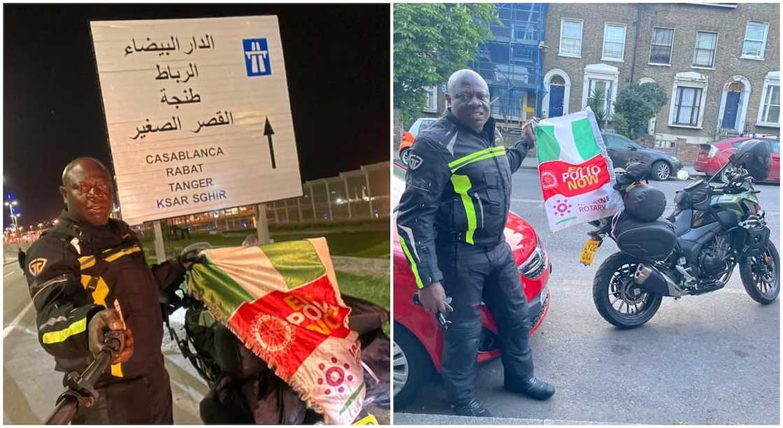 Nigerian biker, Kunle Adeyanju who is riding from London, UK, to Lagos Nigeria, is now in Africa, close to Casablanca, Morocco. Nigerian biker, Kunle Adeyanju who is riding from London, UK, to Lagos Nigeria, is now in Africa, close to Casablanca, Morocco.