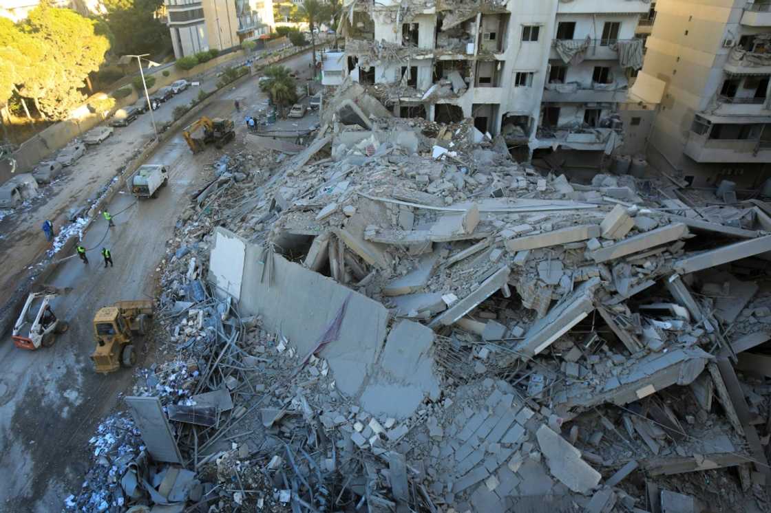 A destroyed building at the site of an Israeli air strike that targeted a branch of the Hezbollah-linked Al-Qard Al-Hassan financial firm in south Beirut