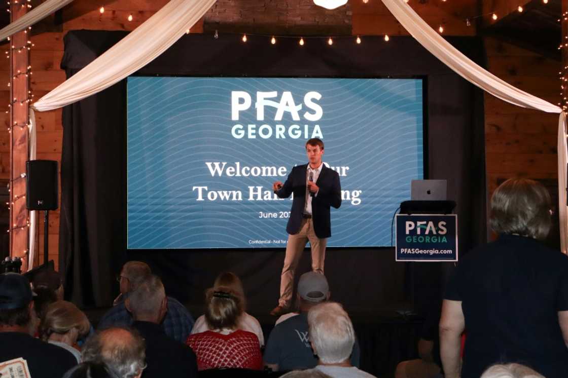 Lawyer Nick Jackson talks to citizens during a townhall event about PFAS in Chatsworth, Georgia