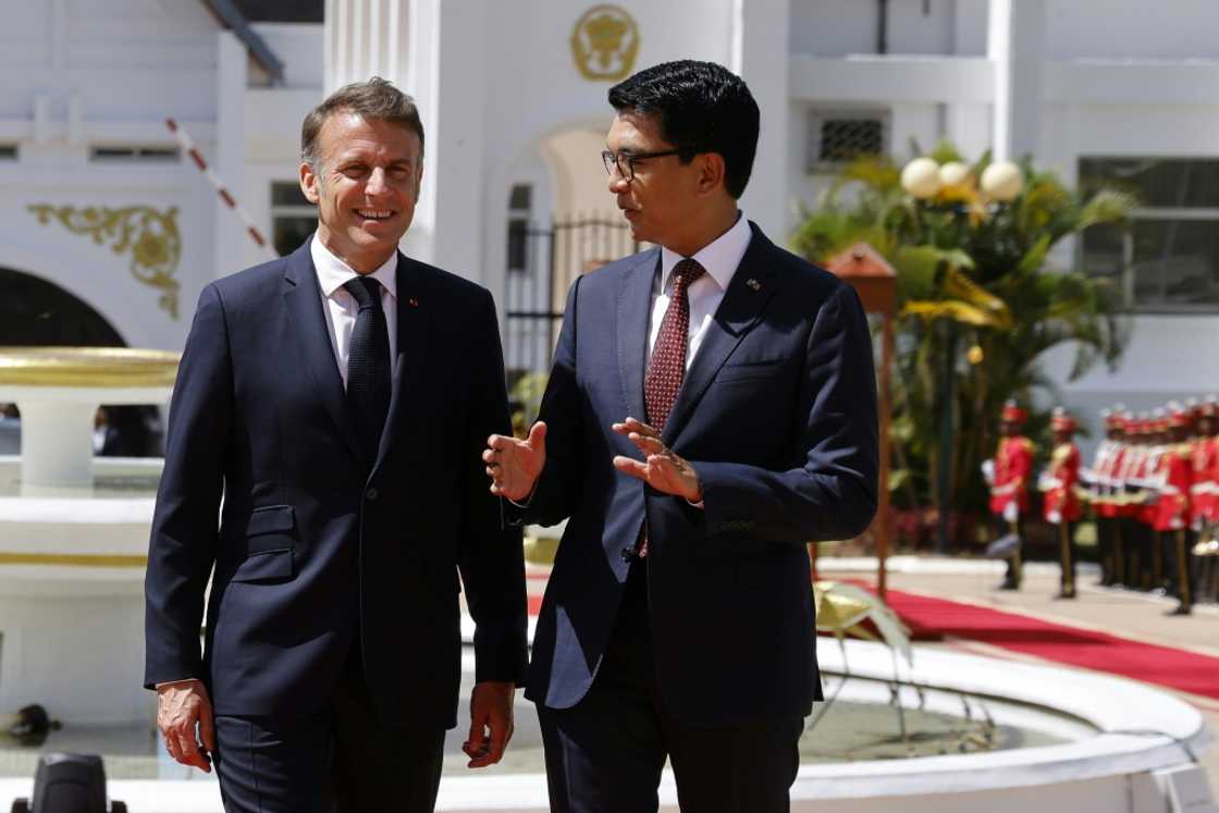 Madagascar President Andry Rajoelina (R) welcomed French President Emmanuel Macron for a two-day visit Madagascar President Andry Rajoelina (R) welcomed French President Emmanuel Macron for a two-day visit