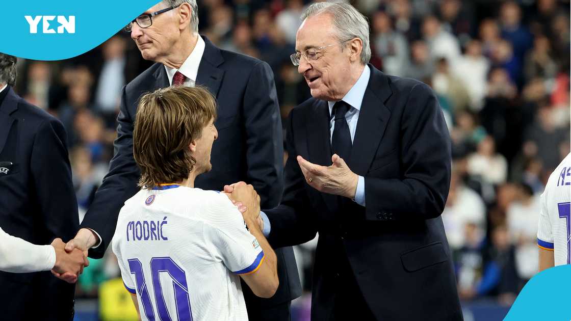 Florentino Perez and Luka Modric shared a curious message after Real Madrid suffered a humbling defeat against Barcelona. Photo by John Berry.