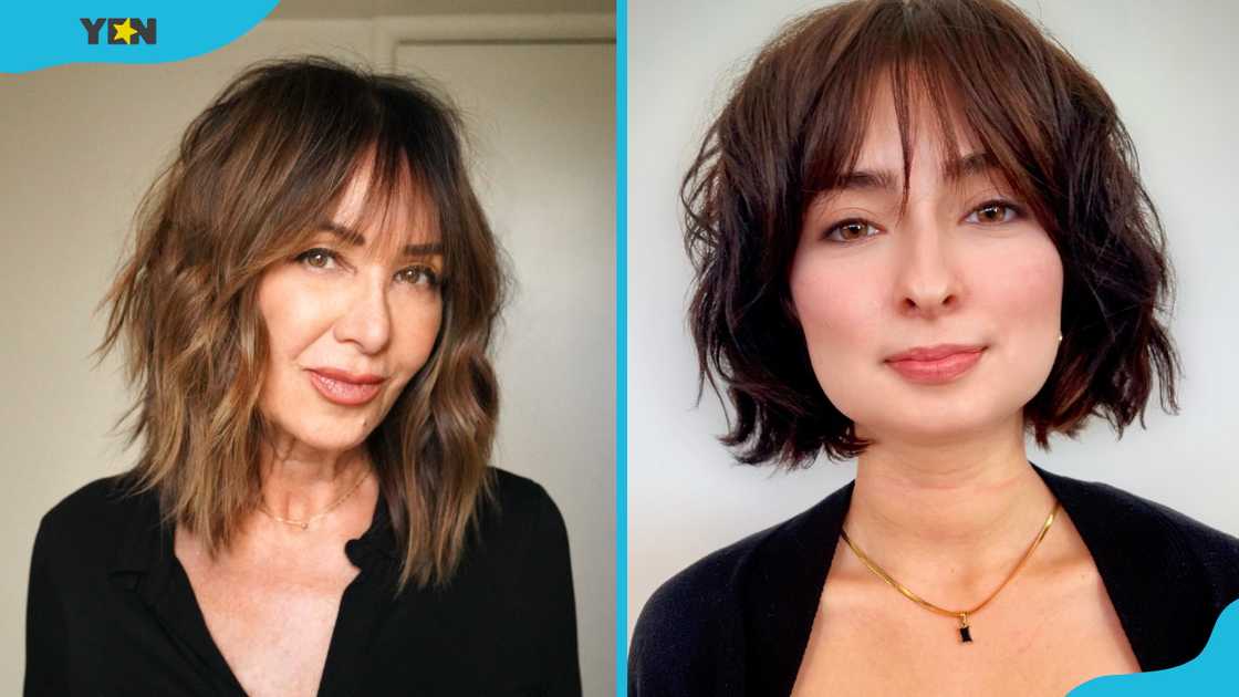 Shaggy lob with wispy butterfly haircut (L). Butterfly bob with wispy bang haircut (R) Shaggy lob with wispy butterfly haircut (L). Butterfly bob with wispy bang haircut (R)