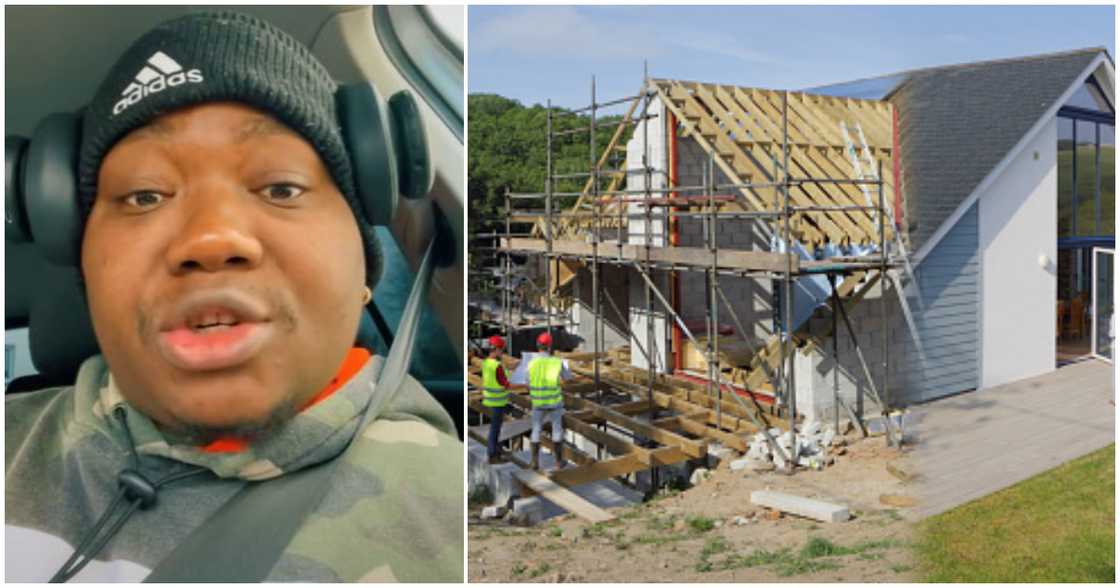 An abroad-based Ghanaian man and a house under construction An abroad-based Ghanaian man and a house under construction