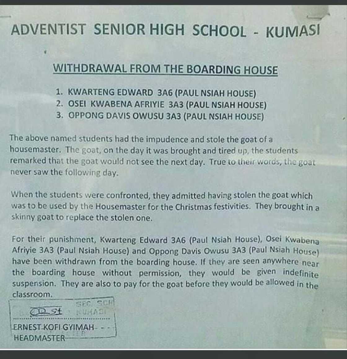 3 Adventist SHS students in Kumasi steal their housemaster's goat; get 'deboardinized' 3 Adventist SHS students in Kumasi steal their housemaster's goat; get 'deboardinized'