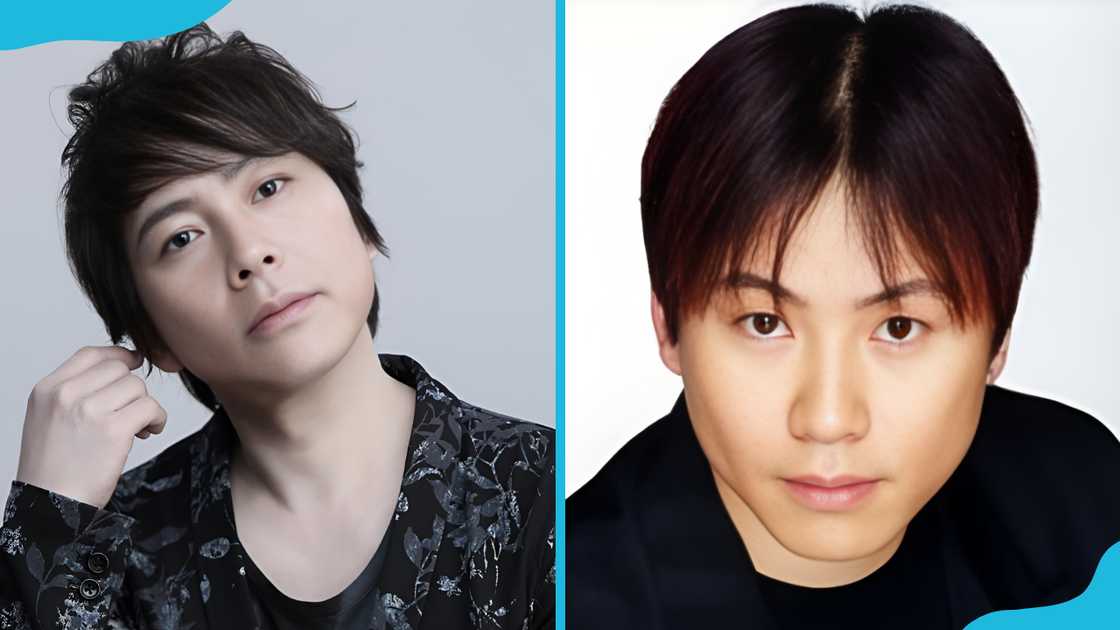 Ryōtarō Okiayu is standing against a grey background (L). He is posing for a photo (R) Ryōtarō Okiayu is standing against a grey background (L). He is posing for a photo (R)