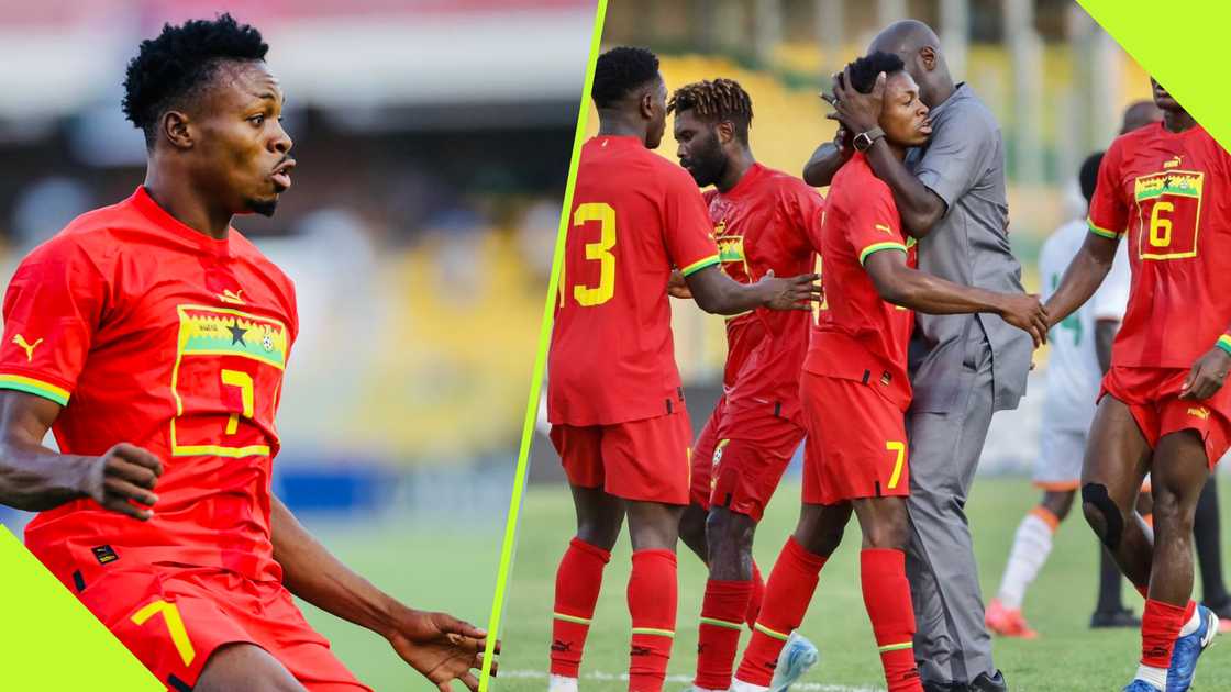 Otto Addo runs to the pitch to celebrate with Ghana striker after debut goal Otto Addo runs to the pitch to celebrate with Ghana striker after debut goal