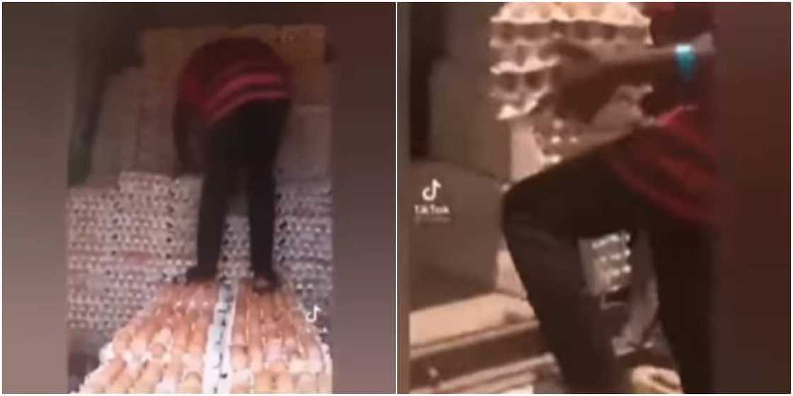 A man walking on crate A man walking on crate