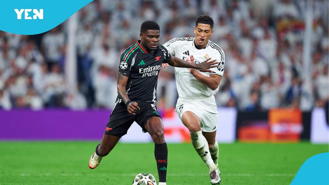 Jude Bellingham of Real Madrid competes for the ball with Thomas Partey of Arsenal FC during the Real Madrid 1 Arsenal 2 UCL game on April 16, 2025 in Madrid, Spain Jude Bellingham of Real Madrid competes for the ball with Thomas Partey of Arsenal FC during the Real Madrid 1 Arsenal 2 UCL game on April 16, 2025 in Madrid, Spain