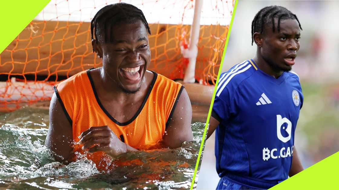 Abdul Fatawu Issahaku with Leicester. Abdul Fatawu Issahaku with Leicester.