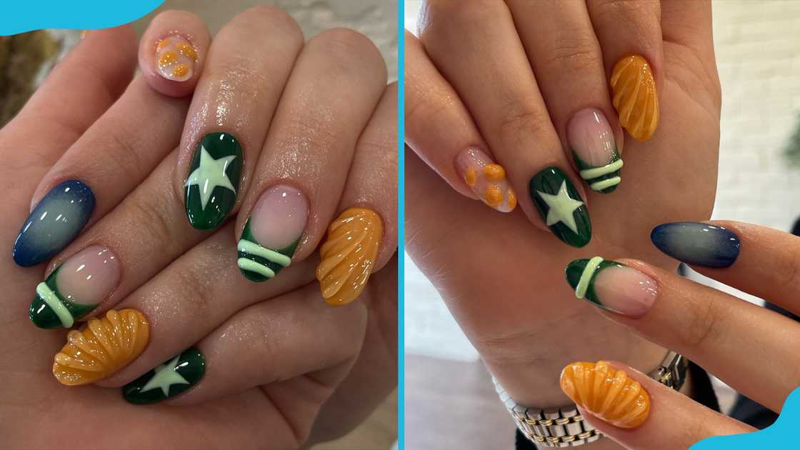 Celestial and seashell fantasy green nail art Celestial and seashell fantasy green nail art
