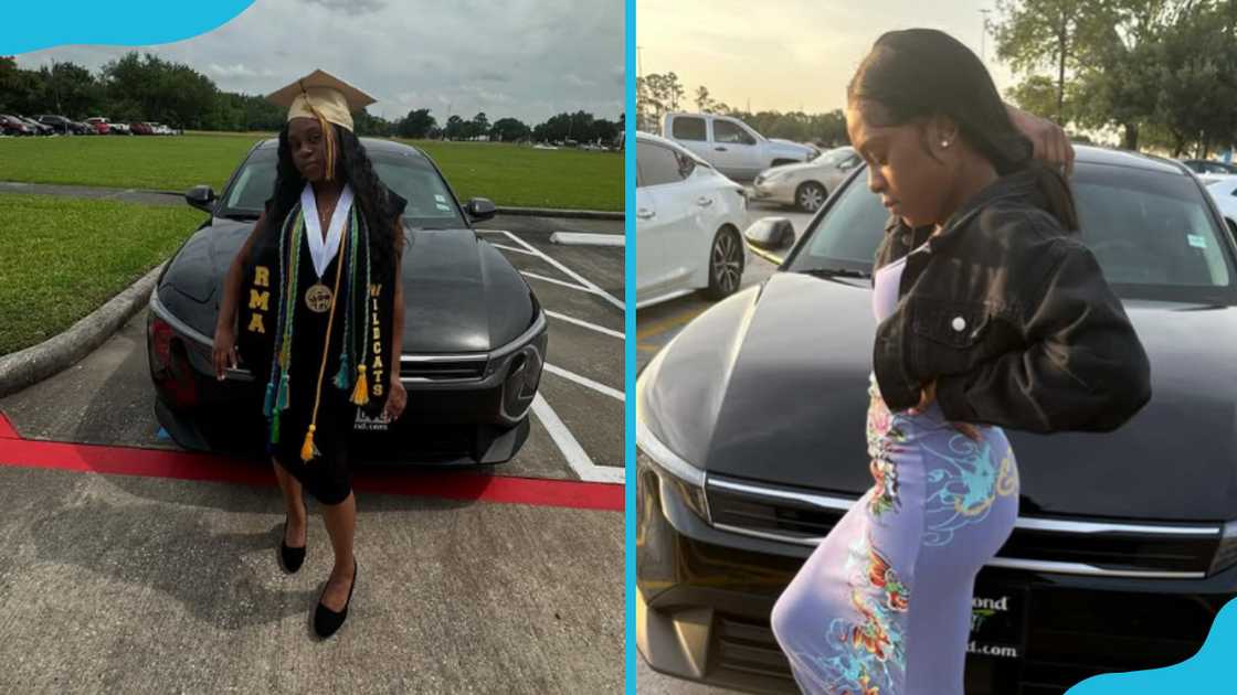 Toriana Hatch during her graduation (L) and posing for a pic next to a black car Toriana Hatch during her graduation (L) and posing for a pic next to a black car