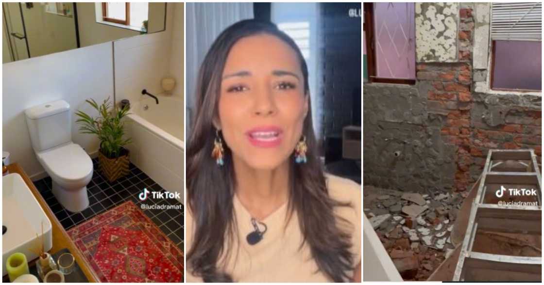 A photo of a lady and renovated bathroom A photo of a lady and renovated bathroom