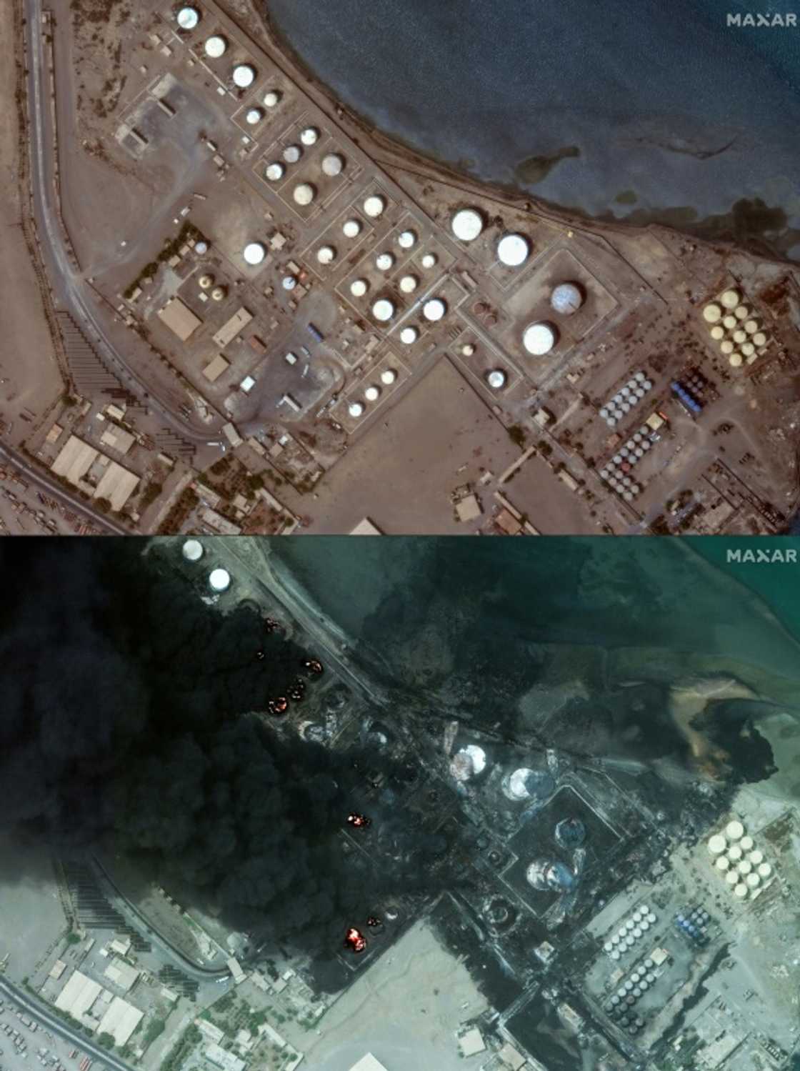 This combination of handout satellite images released by Maxar Technologies shows
(top) a view of oil tanks in the port of Yemen's Huthi-held city of Hodeida on July 2, 2024, and a view of burning oil tanks in the same port on July 21, 2024 This combination of handout satellite images released by Maxar Technologies shows
(top) a view of oil tanks in the port of Yemen's Huthi-held city of Hodeida on July 2, 2024, and a view of burning oil tanks in the same port on July 21, 2024