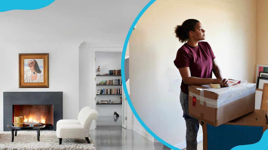 Living area of an apartment (L) and A lady thoughtfully unpacking (R)