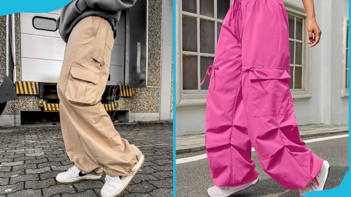 A man (L) and a woman (R) wearing baggy cargo pants A man (L) and a woman (R) wearing baggy cargo pants